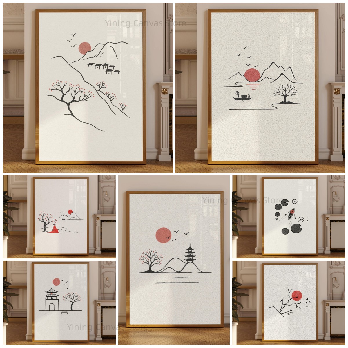 Japanese Zen Lifestyle - Minimalistische Japanse inktposter, rode zon takkenlijntekening