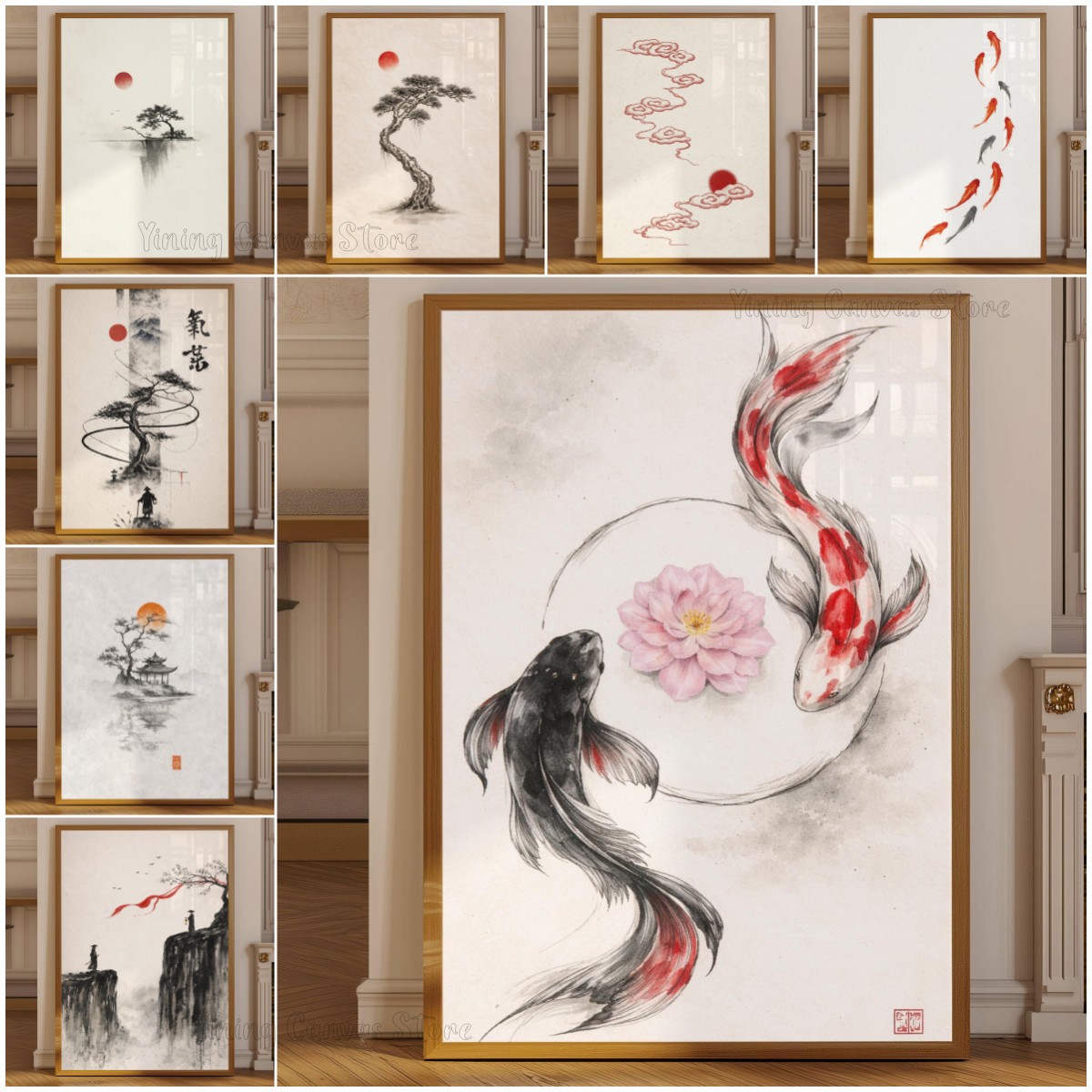 Japanese Zen Lifestyle - Japanse inktwas landschapsposter, Sumi-e pagode wandkunst,